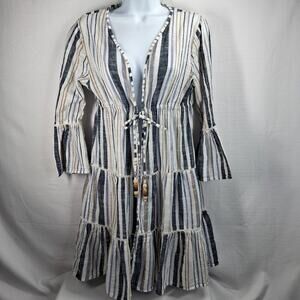 Blue Island Kimono Swim Cover Up Women's Medium Cotton Tiered Peasant Beaded